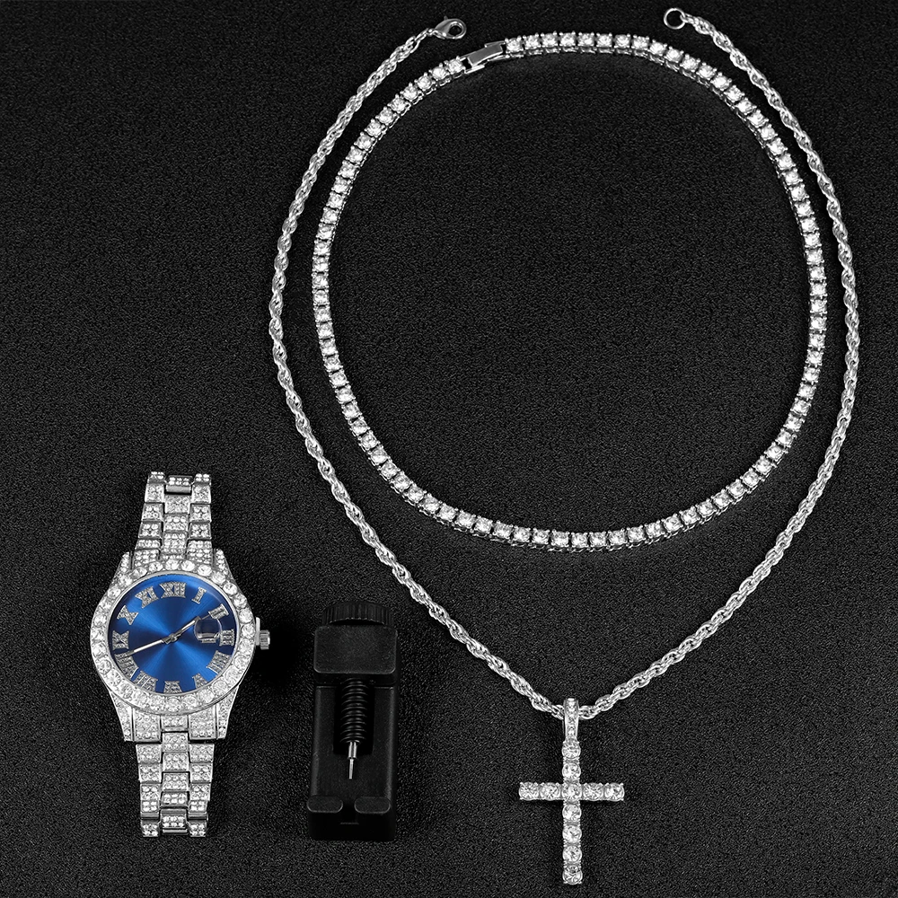 Men Hip-hop Watch Jewelry Gift Set Iced Out Silver Quartz Watch&Cross Pendant Necklace Men Women Street Punk Luxury Party Gift