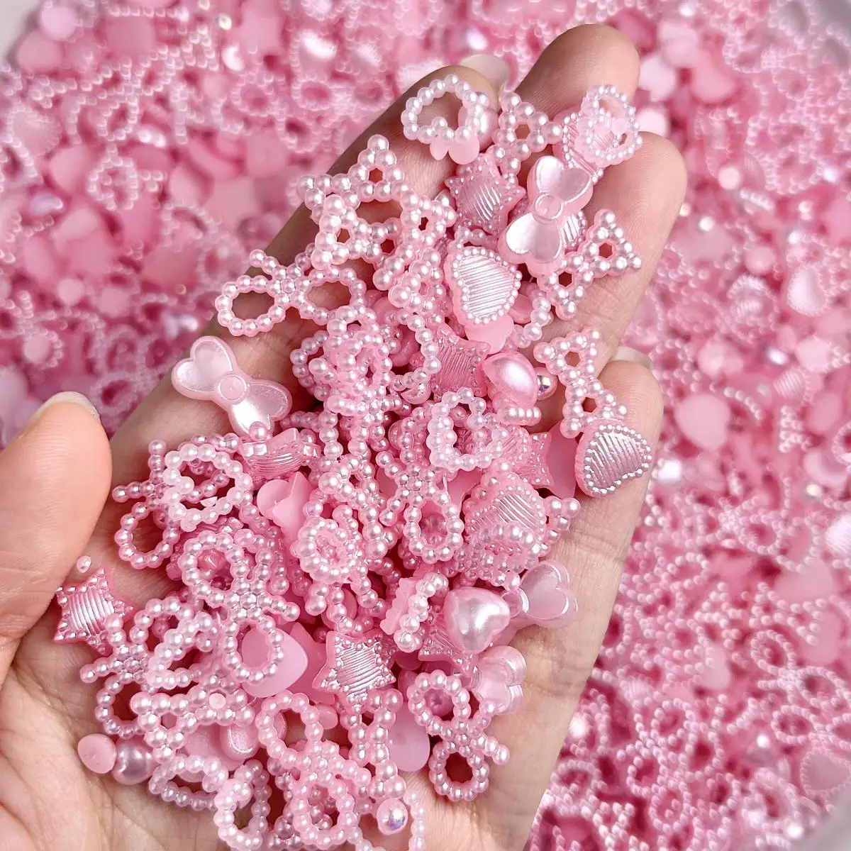 

Realistic Artificial Pearl Ties Heart Nail Art Decorations 3D Pink Heart Star Hybrid Resin Nail Charms Accessories DIY Manicure