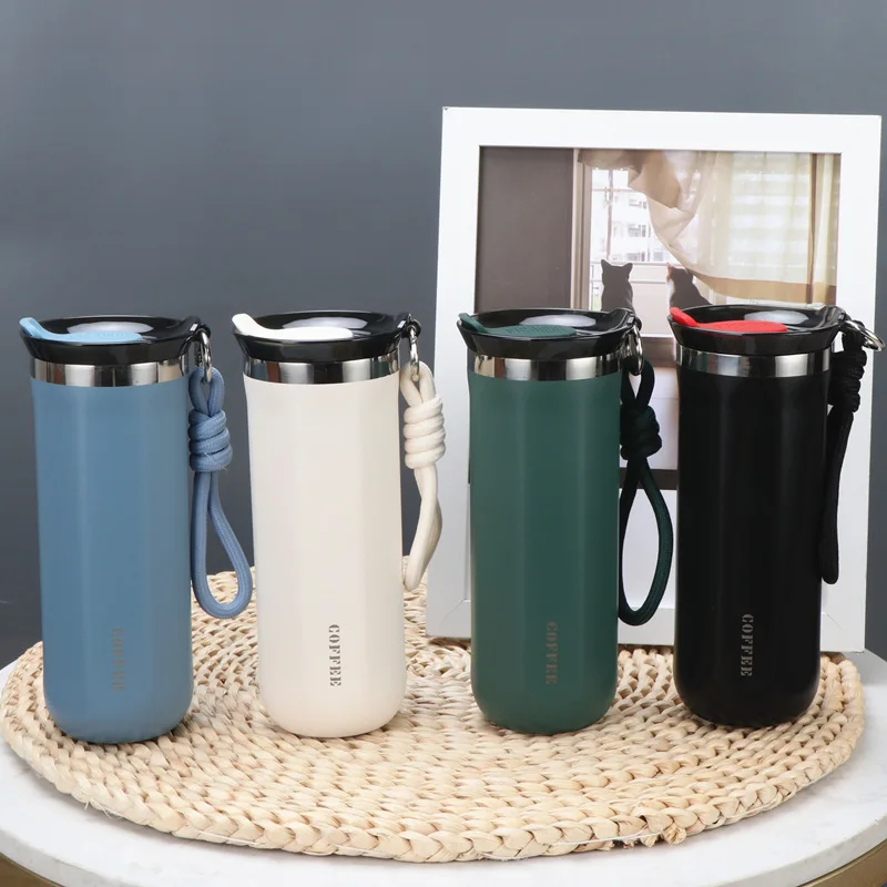 350/500ml Stainless Steel Coffee Cup Double Wall Vacuum Insulated Travel Mug With Lid Portable Coffee Thermos With Carry Rope