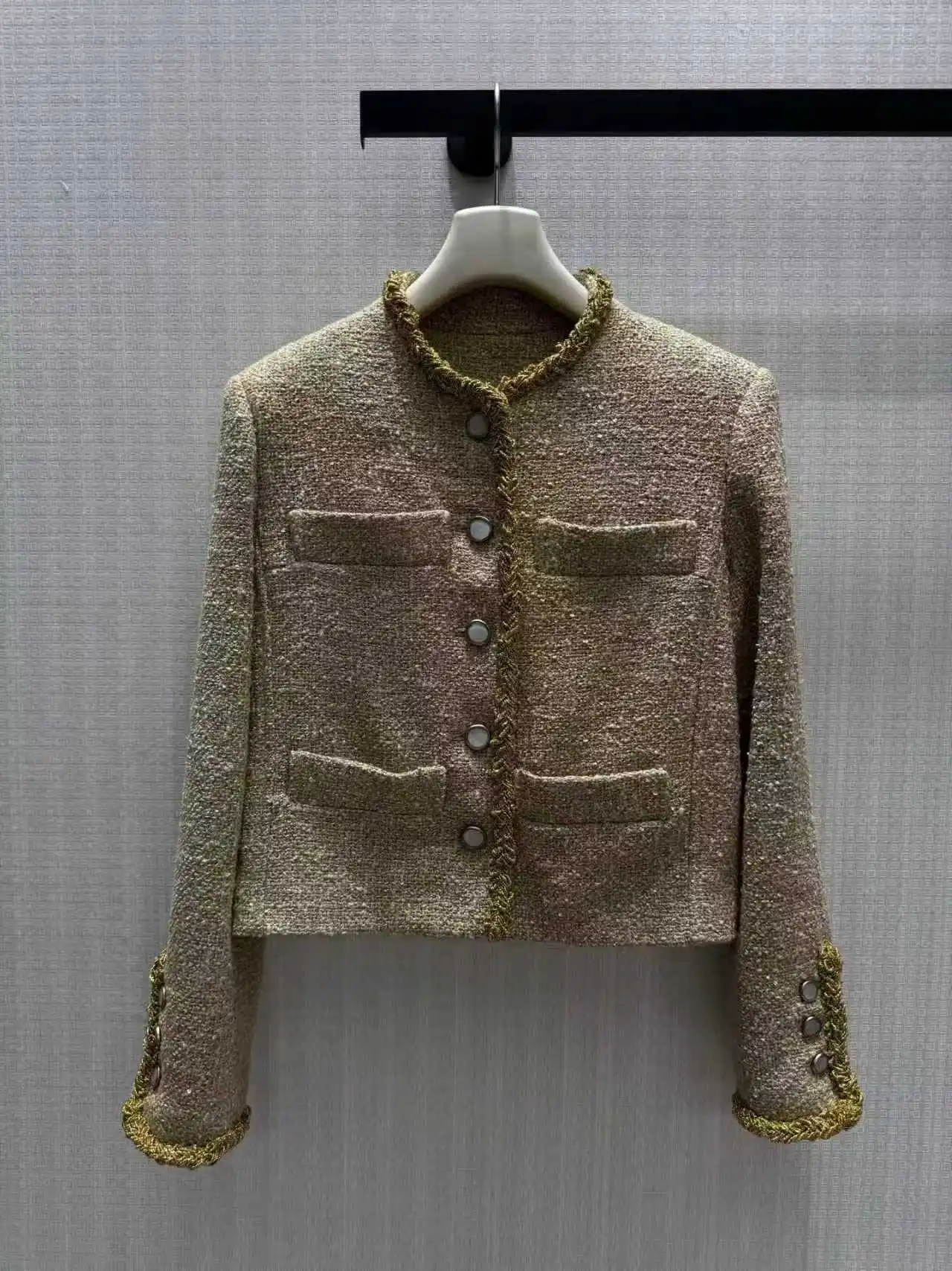 Women Round Neck Tweed Blazer, Single Breasted, Gold Trim Piping, 2026 Fall New Arrival