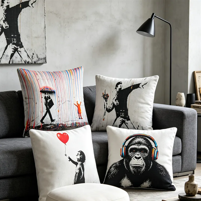 Banksy Graffiti Art Throw Pillow Covers Street Art Girl With Balloon Flower Thrower Cushion Case For Sofa Living Room Home Decor