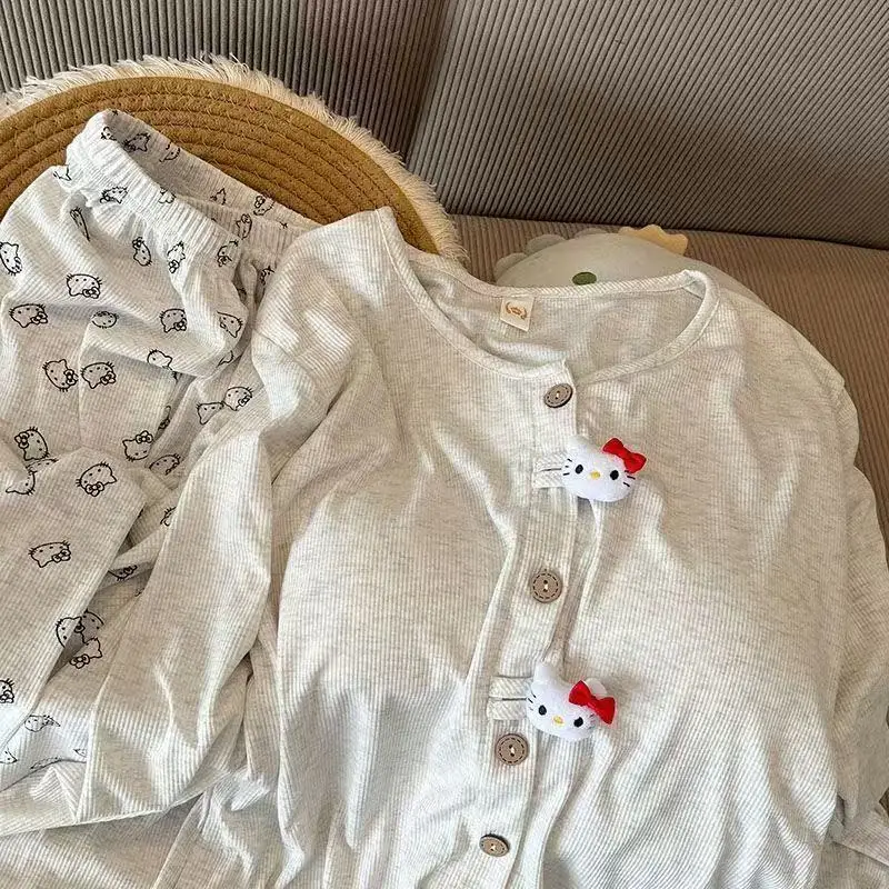Hello Kitty Pajamas with Chest Pads Cute Cartoon Women's Spring New Large Size Can Be Worn Outside Home Clothes Suit Comfortable