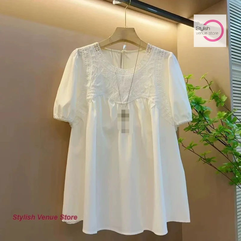 

French style long short-sleeved chiffon shirt female summer new fashion plus size loose round neck stitching lace chiffon shirt