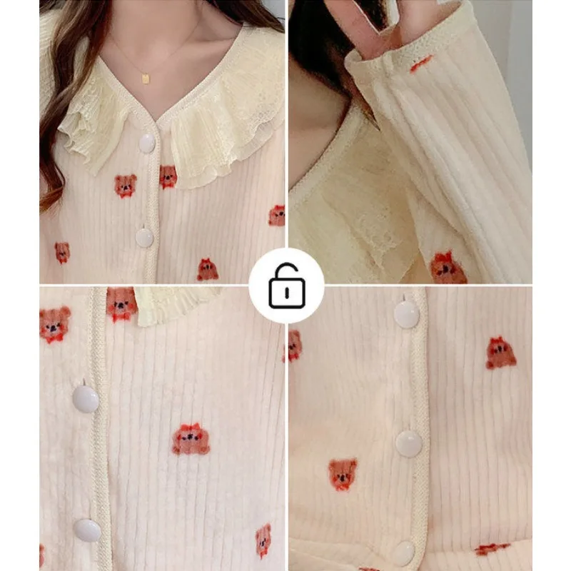 Pijama de veludo fino feminino, terno de flanela quente cardigã de botão, pijama fofo, loungewear de renda doce e fofo, novo, outono e inverno, 2024