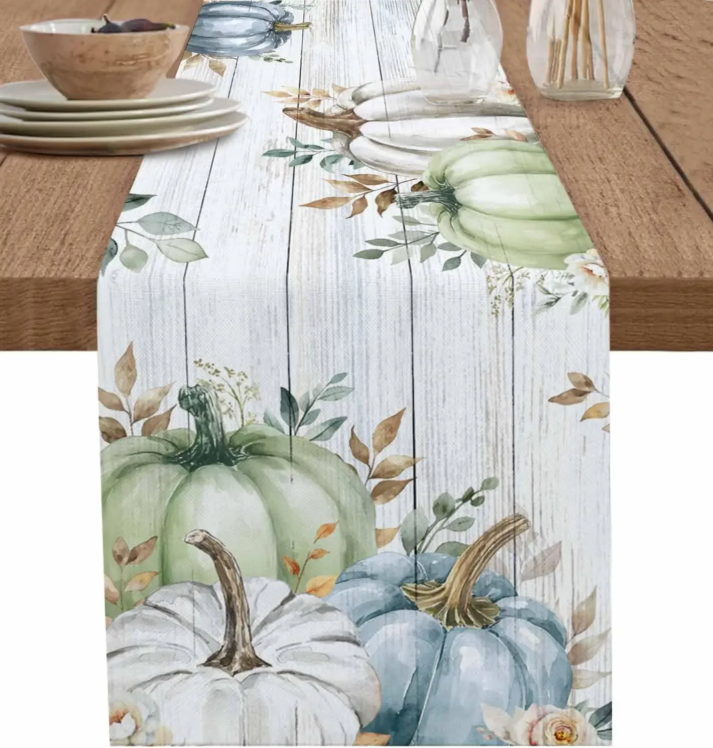 Fall Thanksgiving Pumpkins Linen Table Runner Dresser Scarf Autumn Harvest Kitchen Dining Table Runner Thanksgiving Decorations