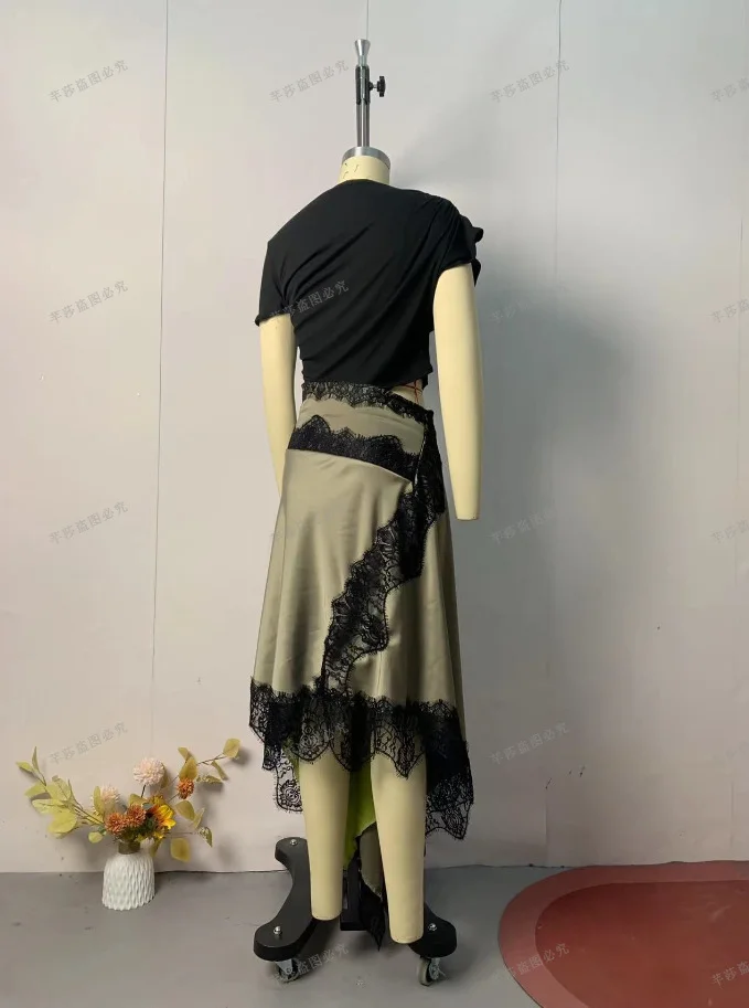 Womens Dresses 2025 Spring Summer New Solid Color Hollow Waist Irregular Lace Splicing Round Neck Short Sleeve Casual Dress