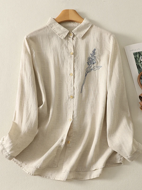 

Artistic Versatile Long Sleeve Double Layer Cotton Shirt Loose Embroidered Spring Top Women's Loose Fit Shirt Cotton Gauze