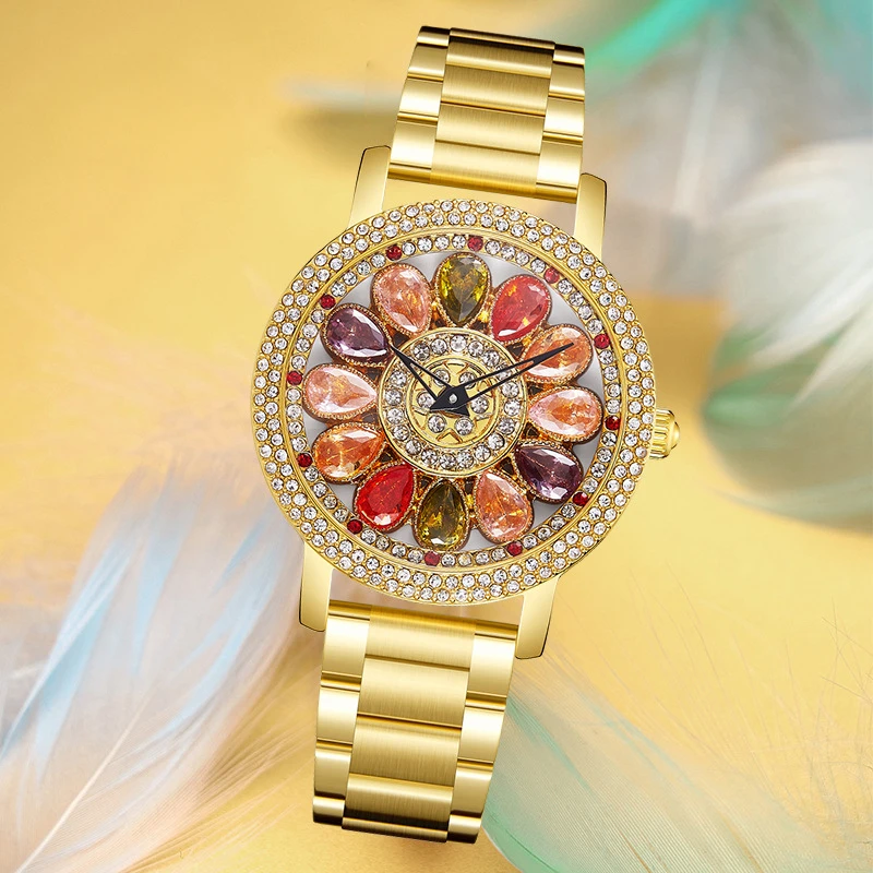 Luxe Dameshorloges Quartz Horloges Ingelegd Met Kleurrijke Diamanten Vol Sterren Mode Vrouwen Polshorloges Quartz Horloges