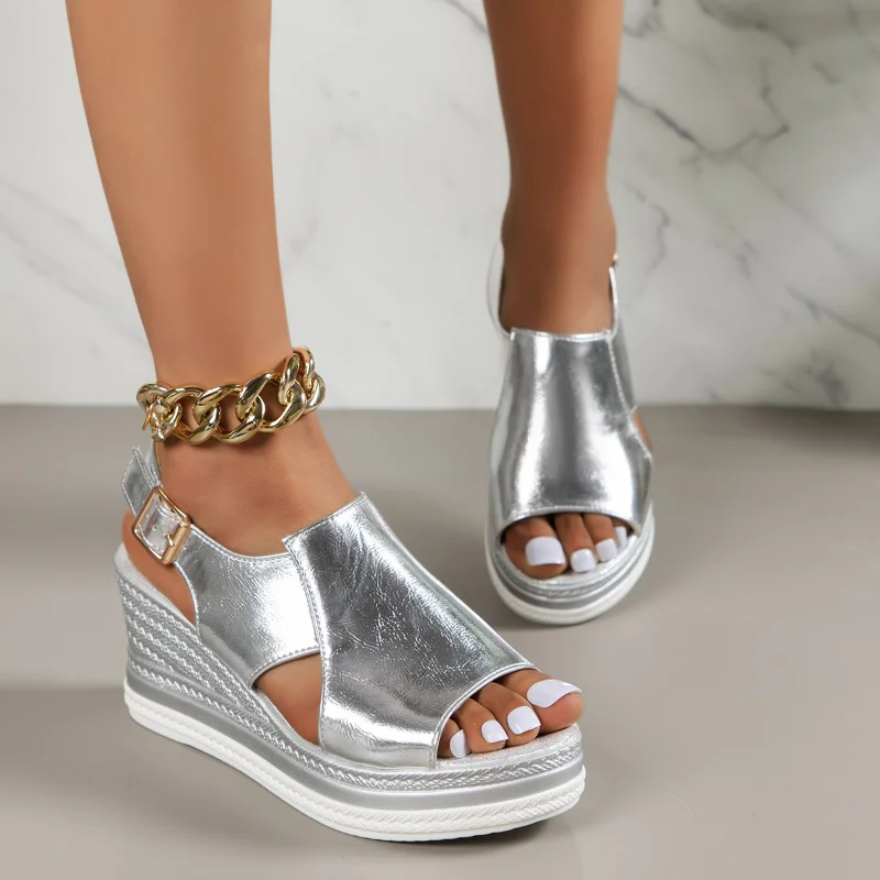 Women Gold Wedges Sandals 2023 Summer Hollow Out Chunky Platform Sandals Woman Peep Toe Sandals Plus Size 43 Sandalias Mujer