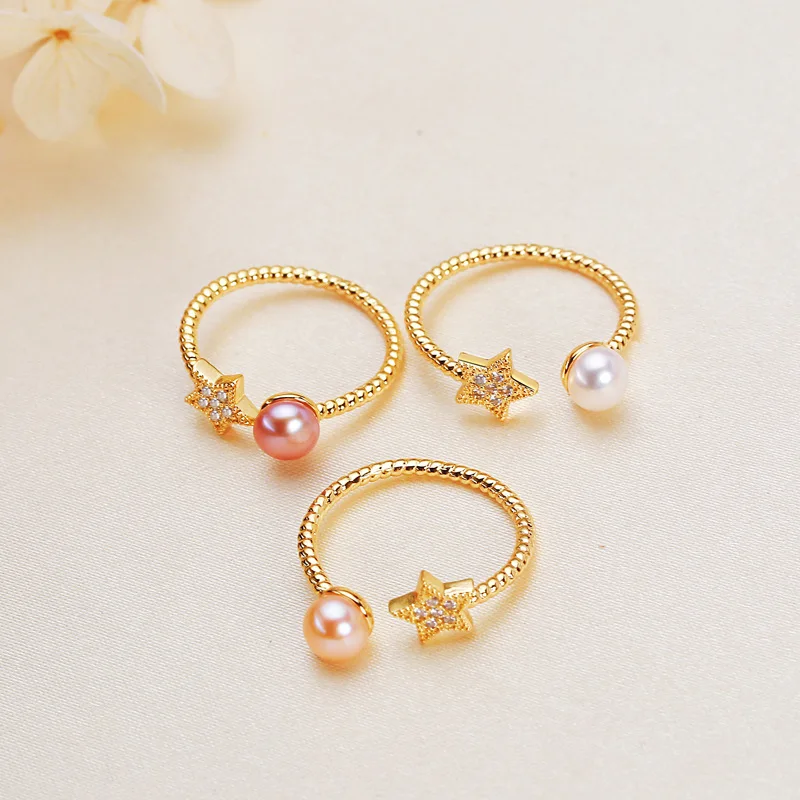 5-6mm Bread Round Freshwater Pearl Rings for Women Pentagram Adjustable Gold Color Female Rings Jewelry