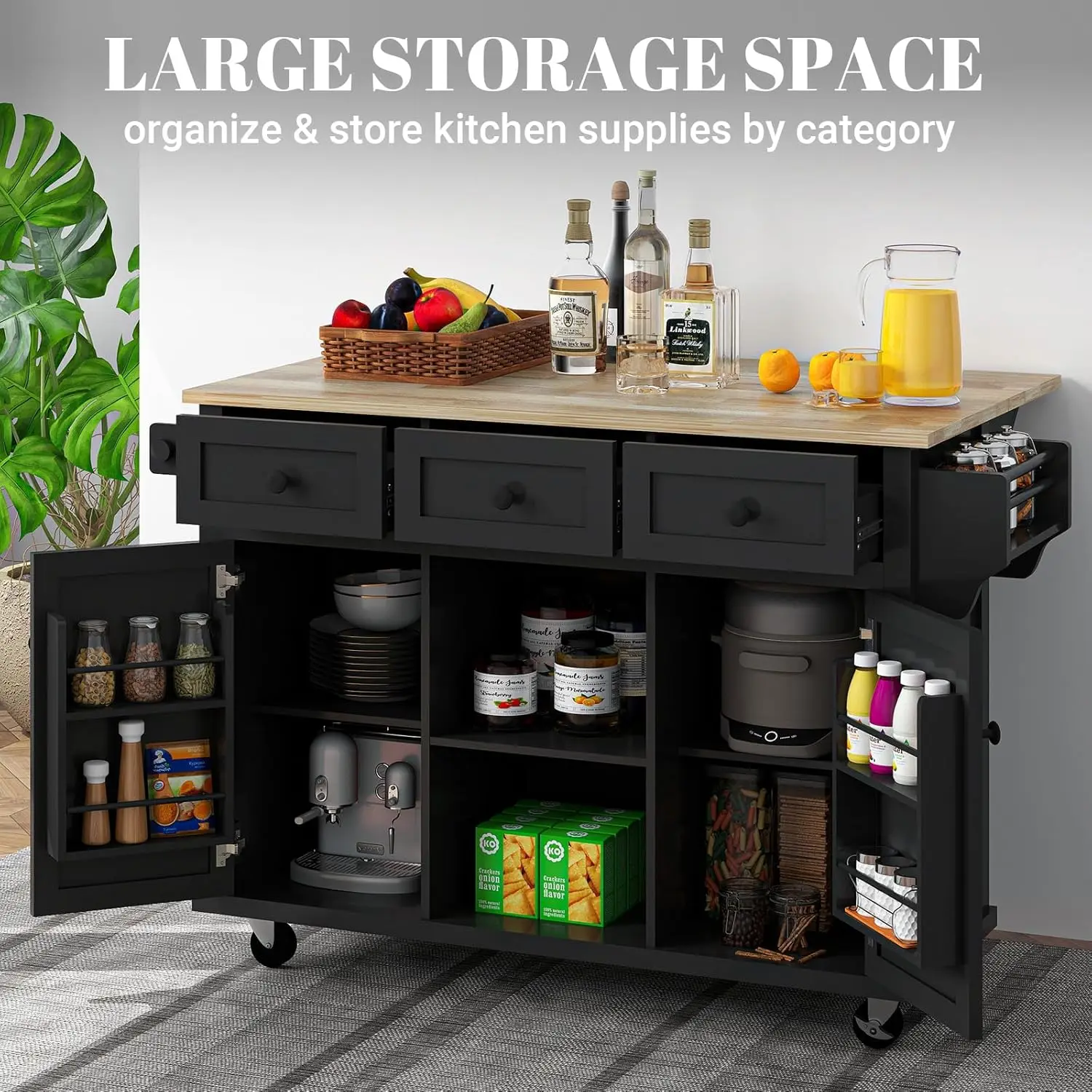 Kitchen Island with Drop Leaf and Storage 53 in Rolling Kitchen Island on Wheels Black Large Mobile Kitchen Island Cart