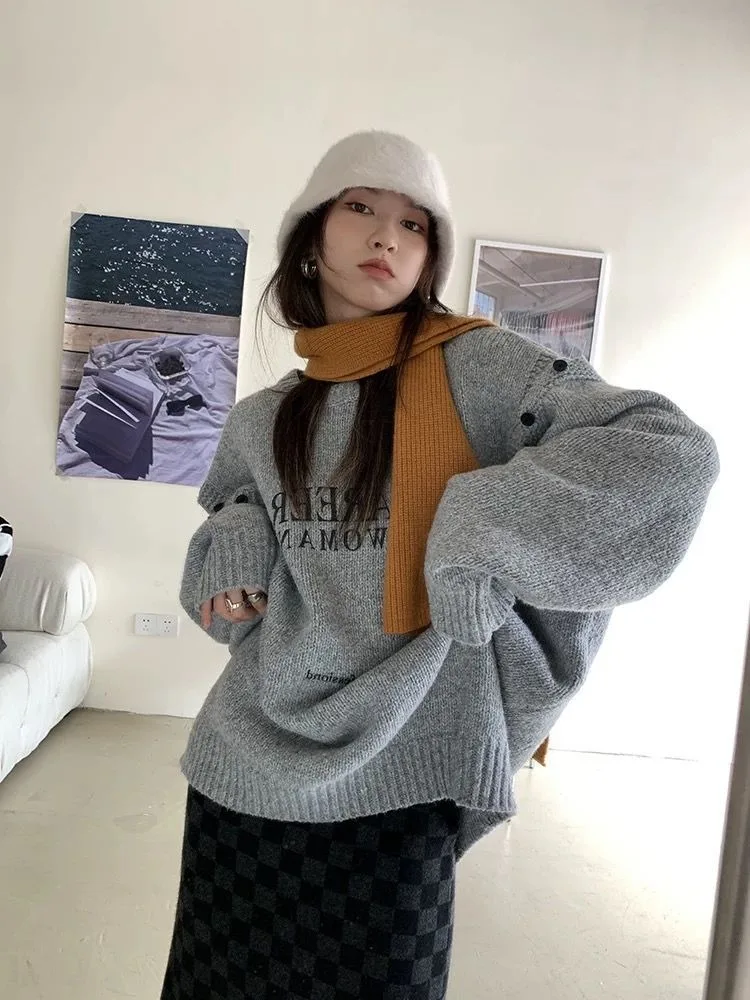 Deeptown Harajuku Letter Print Gray Sweater Women Vintage Streetwear Off Shoulder Knit Tops Korean Style Oversize Black Jerseys