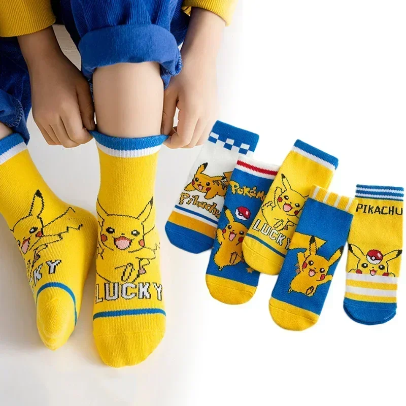 Calcetines de Pokémon para niños y niñas, calcetín de tubo medio de algodón puro con figura de Anime de dibujos animados, Pikachu, regalos de