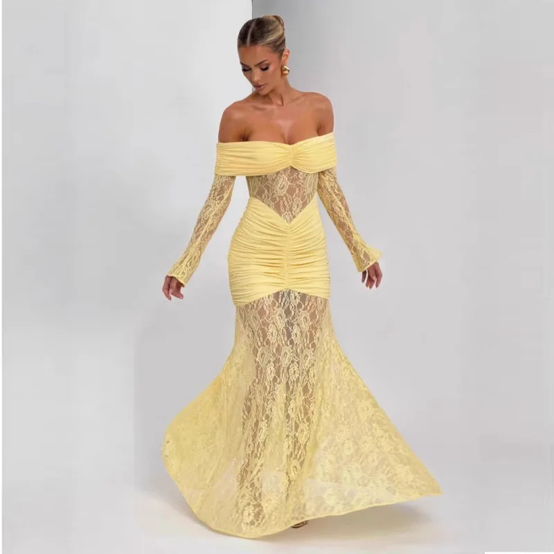 

Elegant Evening Dress for Women Spliced Lace Maxi Dress Party Club Gowns Slim Fit Chic Bodycon Dress Women Clothing