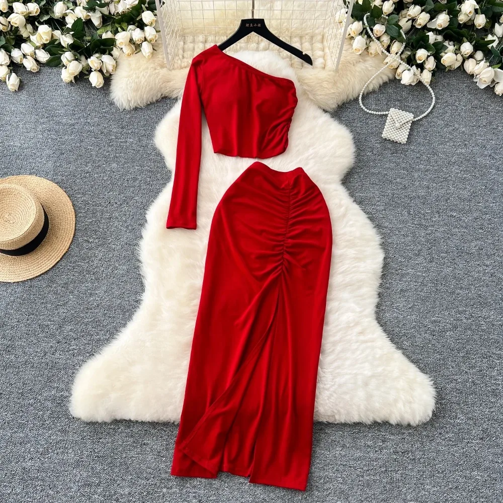 

Chic Two-piece Sets One Shoulder Long Sleeve Diagonal Collar Blouse Basics High Waist Split Skirt High Street Vintage Clothing