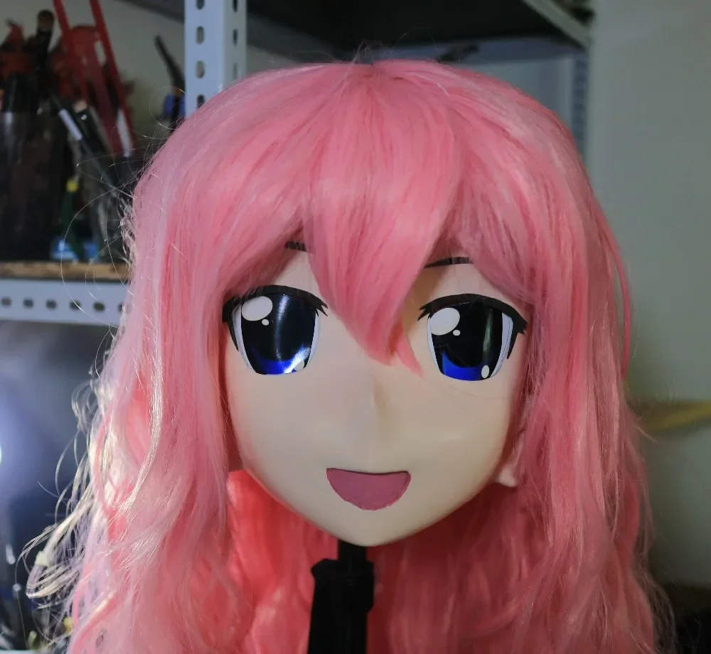 New Arrival Silicone Full Head Kigurumi Masks Cosplay Lovely Pink Curly Hair Crossdresser Kigurumi Mask with Wig