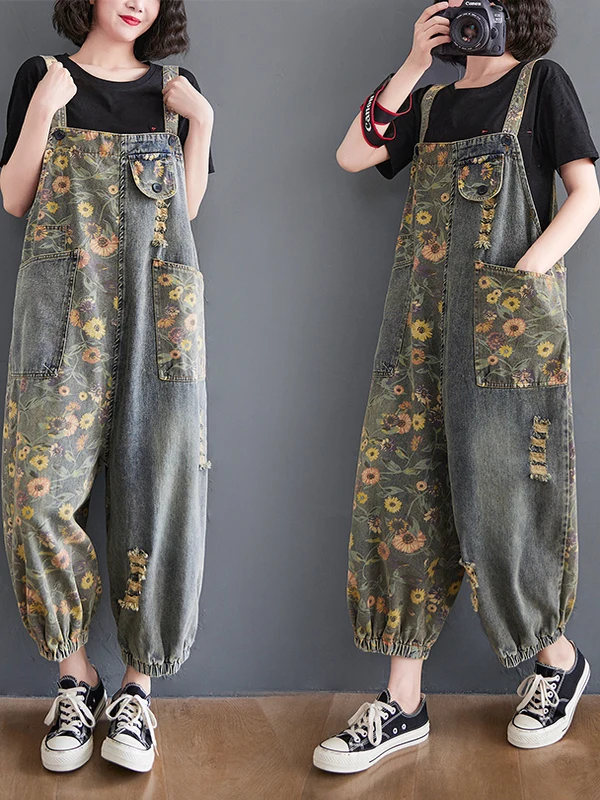 Summer New Women's Denim Overalls High Waist Wide Leg Conceal Meaty Cuffed One-Piece Pants Print Anti-Aging Trendy plus Size