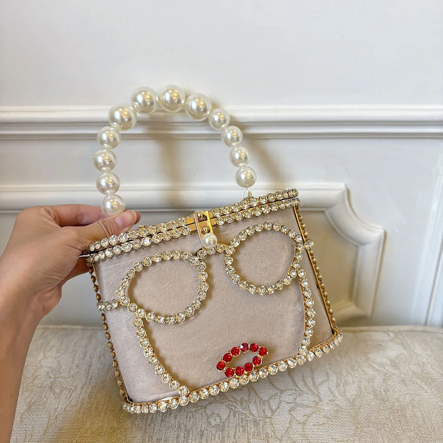 diamond-encrusted pearl vegetable basket dinner bag creative glasses hollow rhinestone bucket hand-held messenger bag
