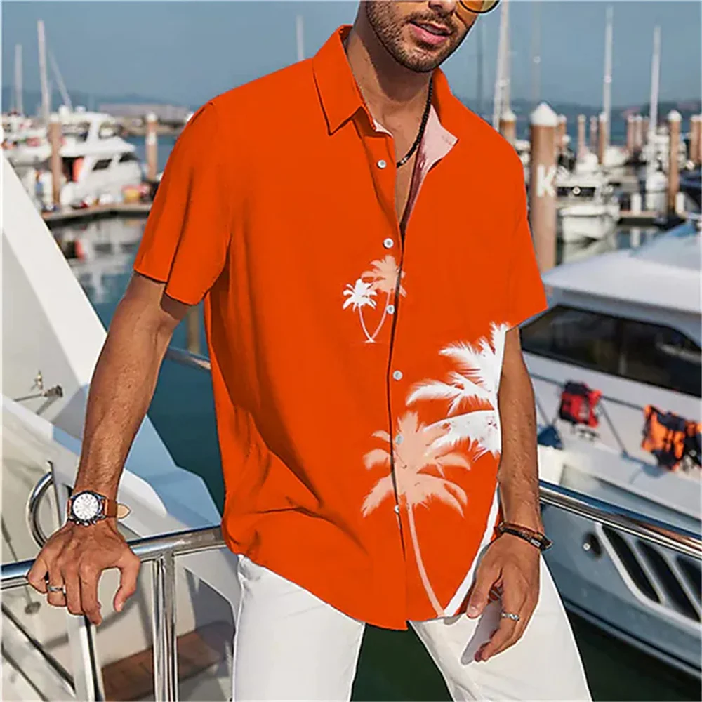 2023 Summer Men's Hot Sale Aloha shirt Coconut Tree Pattern Print Blue Men's Beach Short Sleeve Button Shirt Top S-5XL