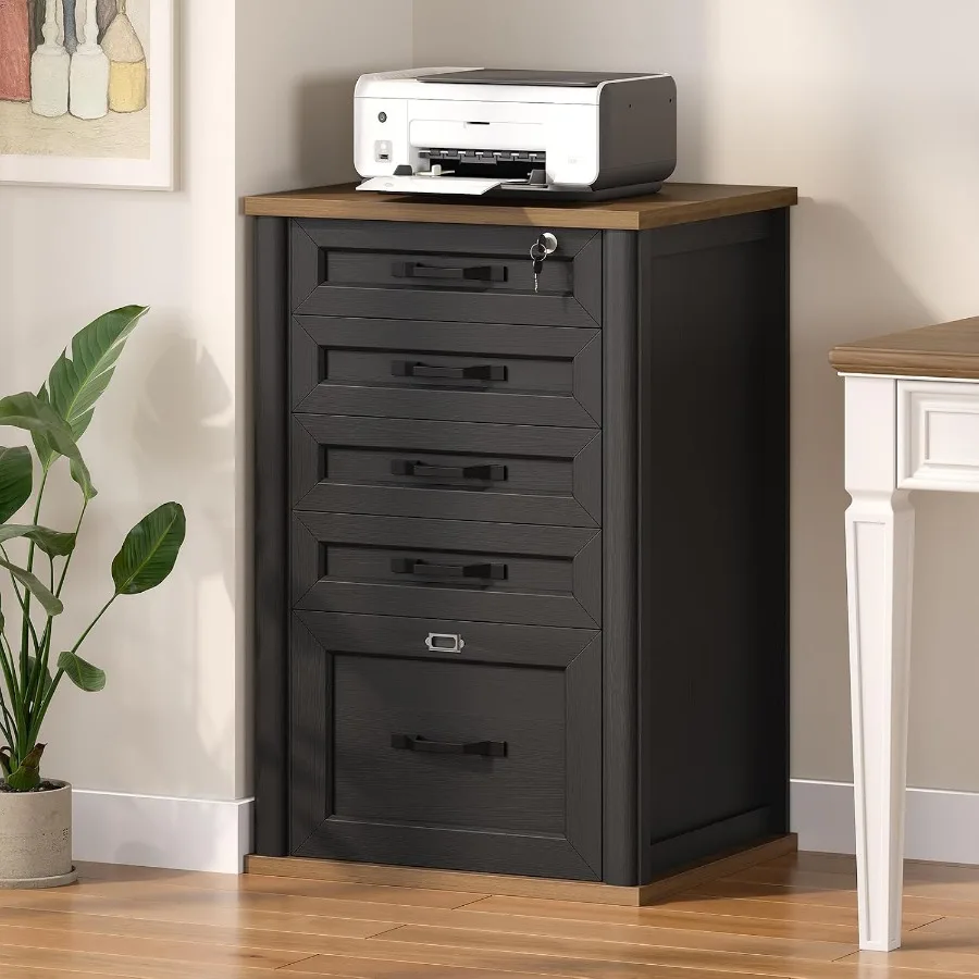 Farmhouse 5 Drawer File Cabinet with Lock, Wooden Filing Cabinet