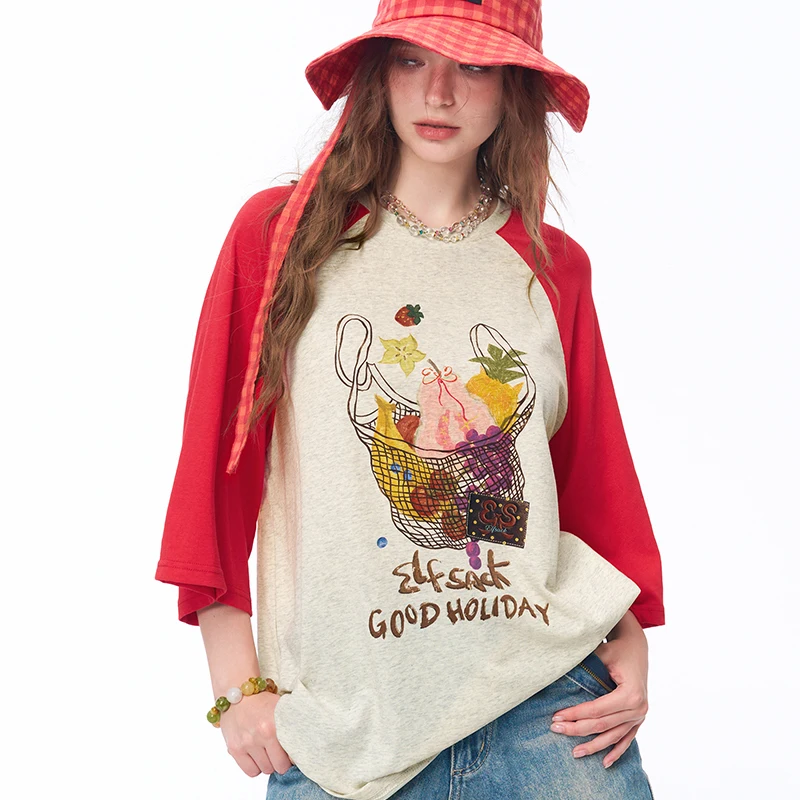ELFSACK Women's Raglan 3/4 Sleeve T-Shirt with Fruit Basket Graphic Print, Color Block Loose Tee for Daily, Casual Oversized Top