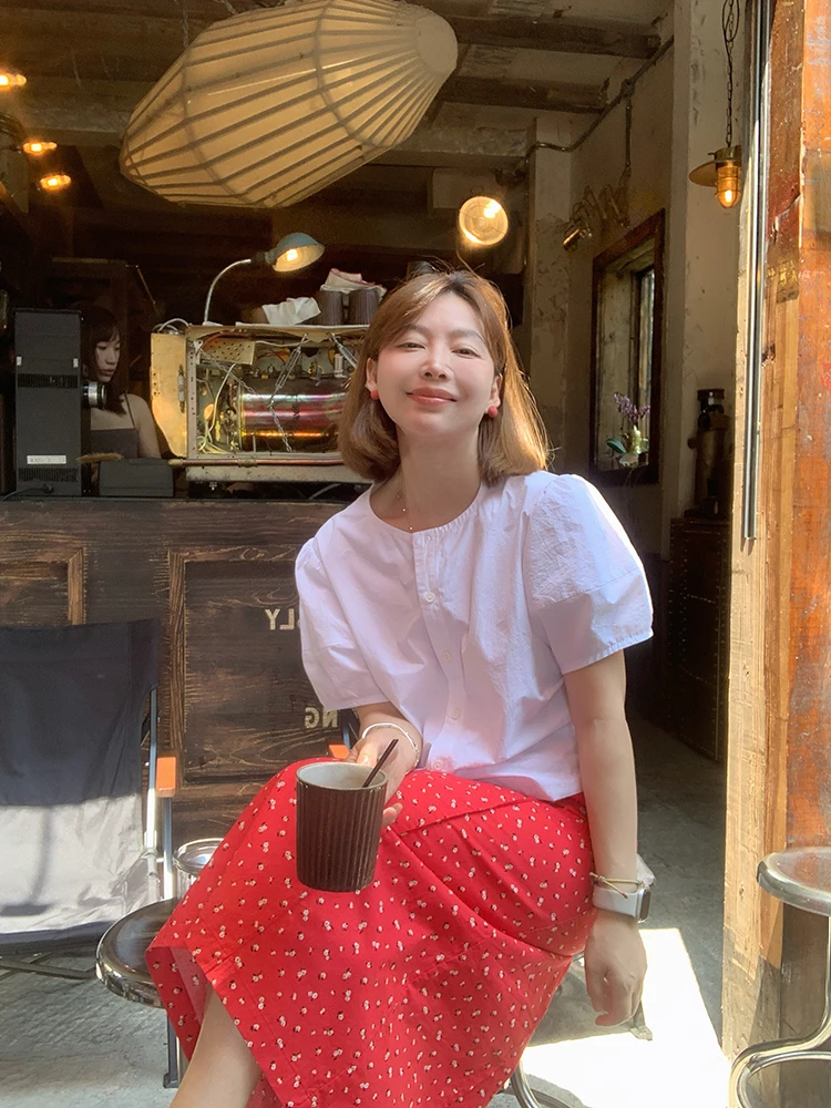 

White round Ne ort Sve Bubble Sve irt Women's Summer ort Length Waist-Cinching irt Korean Sle Cotton Blend