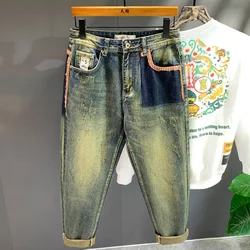 Retro Versleten Jeans Heren Losse Grote Maat Fashion Stitching Design Casual Wijde Pijpen Broek Trend Daddy Broek Baggy Broek