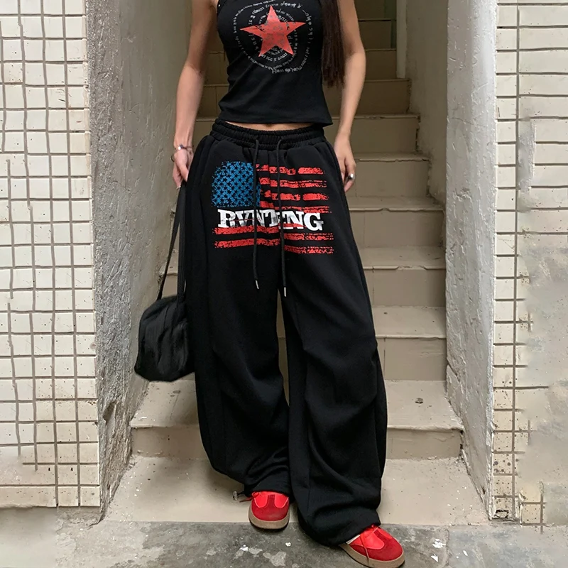 新しいハイストリート女性カジュアルパンツアメリカンヒップホップワイドレッグスウェットパンツ春秋トレンディストリートウェア多用途スポーツズボン