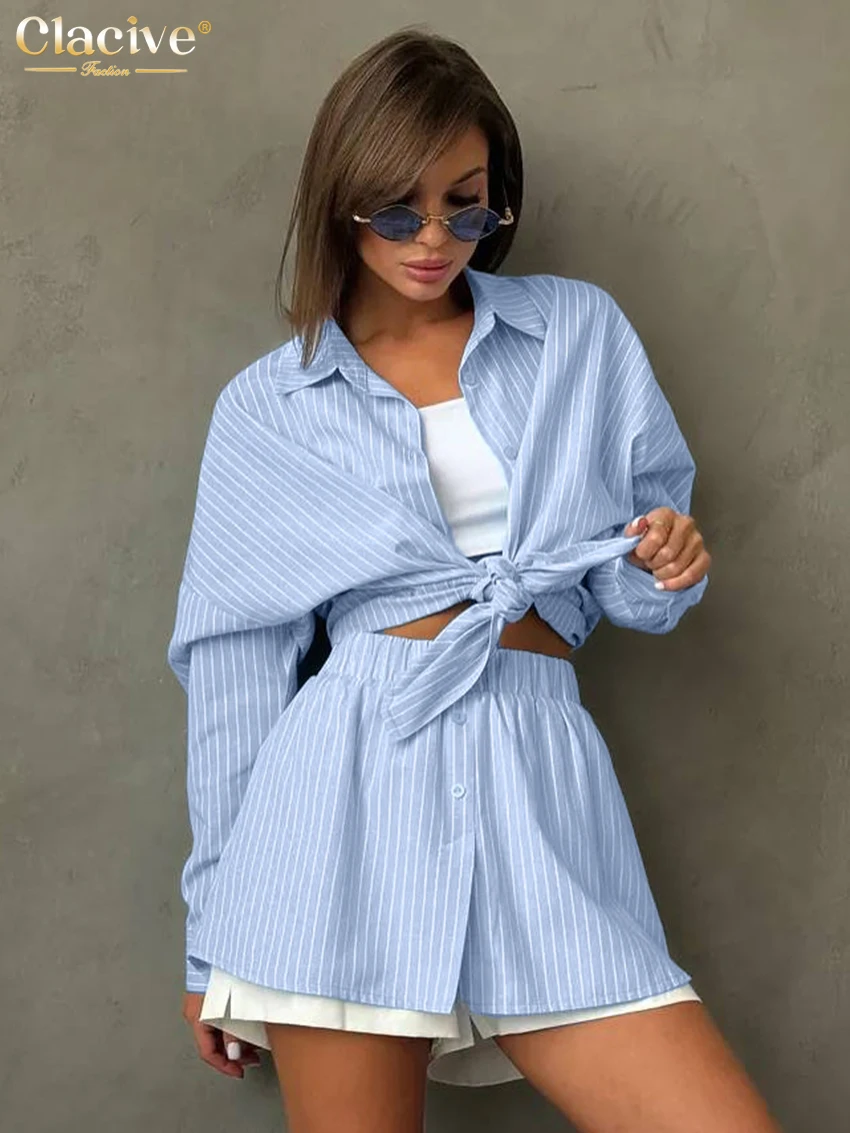 Clacive Fashion Loose Blue Stripe Women's Two Pieces Set Elegant Long Sleeve Shirt With High Waist Shorts Set Female Streetwear