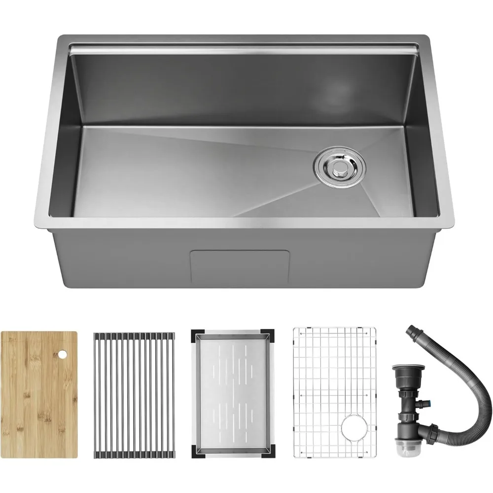 

DeerValley 30x19 дюймов, рабочая станция для кухонной мойки под креплением — одинарная раковина из нержавеющей стали 18 калибра, ручная работа со встроенным переменным током