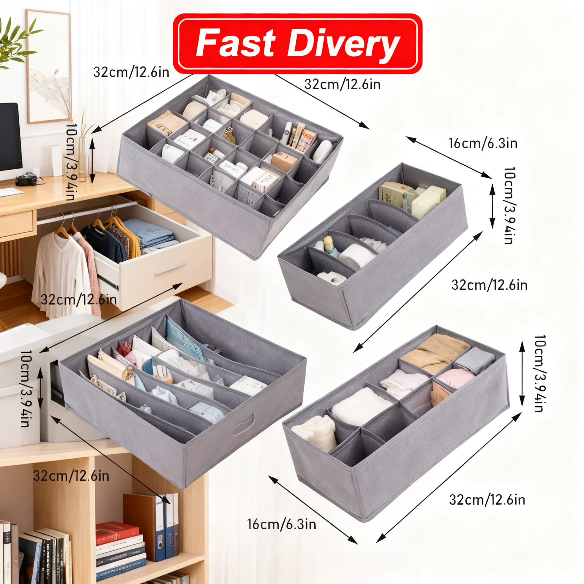 6/7/8/24 Grids Foldable Fabric Underwear Drawer Organizers Dividers for Bras Briefs and Socks Baby Dresser Storage Dividers Bins