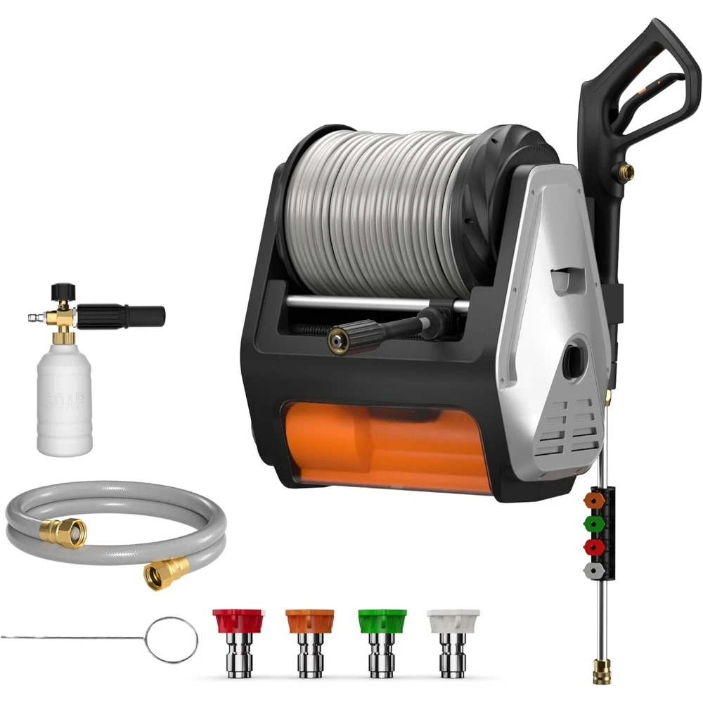 Electric Wall Mounted Power Washer with 100ft Retractable Hose, Foam Cannon, 4-Nozzles for Car/Driveways/Patios, Light Silver