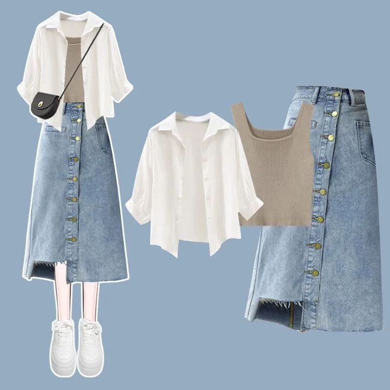 

2025 Women Spring/Summer New Fashion Denim Dress Matching Set Korean Elegant White Shirt+Vest+Irregular Midi Skirt 3-Piece Suit