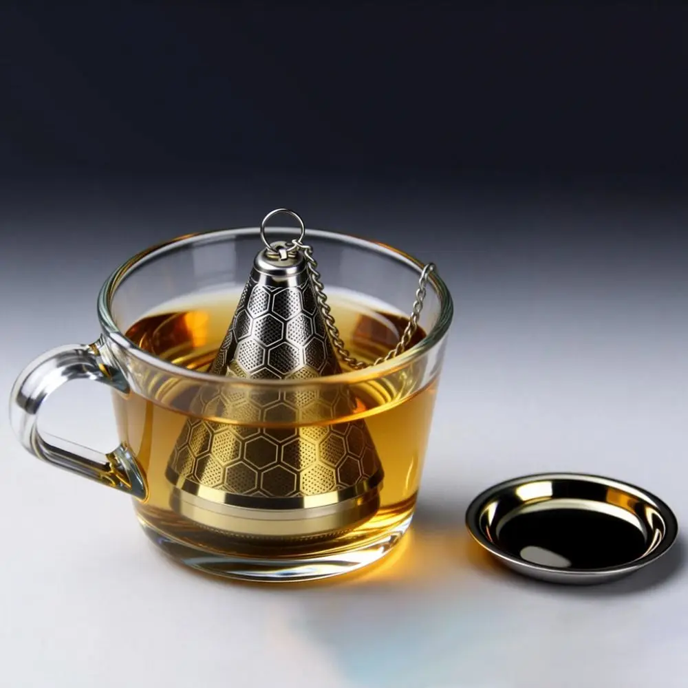 304 Stainless Steel Cone Tea Infuser Fine Mesh Loose Leaf Tea Separation Filter Screen Rust-proof with Chain Hook and Tray