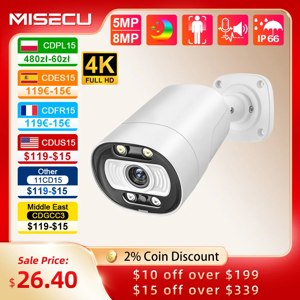 MISECU H.265 4K Ai POE Camera 5MP 8MP Two-way communication Human Detect Outdoor Camera For CCTV System Surveillance System