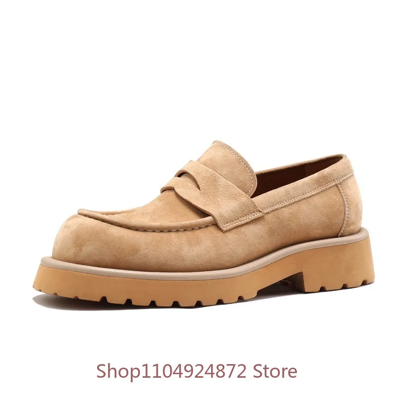Vintage Premium Cow Suede Thick Non-slip Sole Loafers Men's Leather Shoes Platform Genuine Leather Casual Walking Dress Shoes