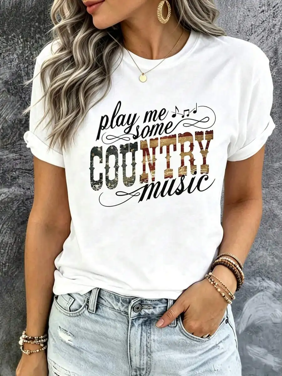 2026 Fashion New Women's Country Music Festival Graphic Tee Play Me Some COUNTRY Music Letter Print Crew Neck Short Sleeve Casual Basic Top Tee