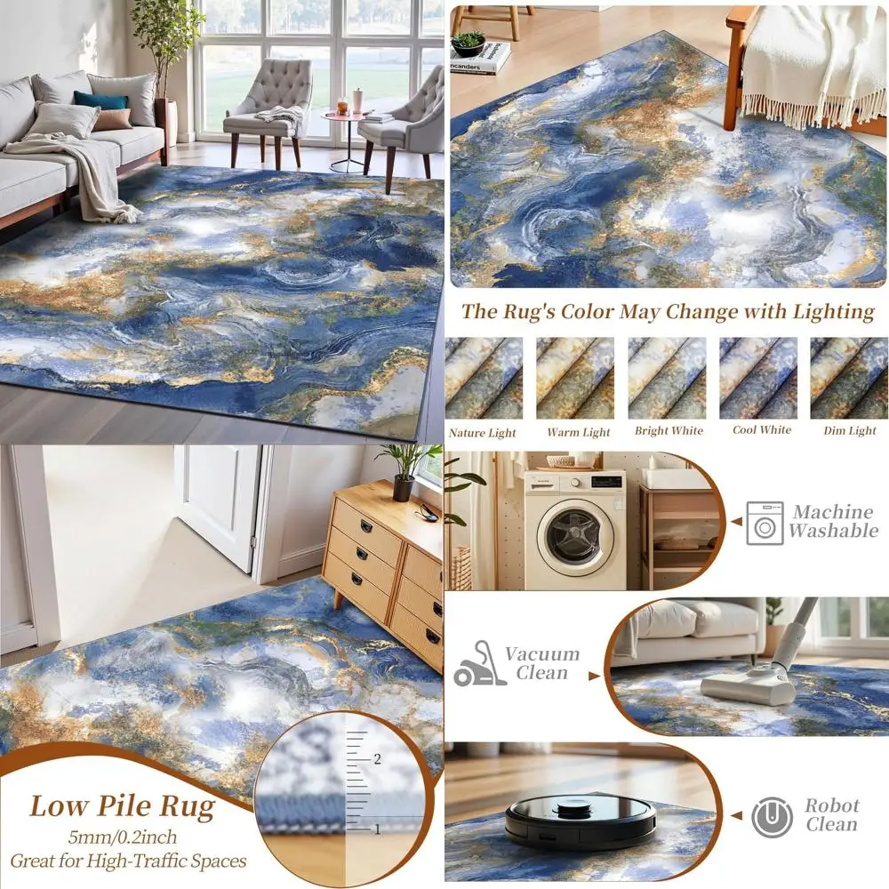 

Durable Soft 8x10 Marble Pattern Living Room Rug with Lightweight Low Pile and Non-Slip Stain-Resistant Backing