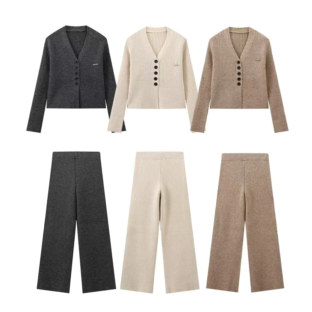 PB&ZA2024 Autumn New Women\'s Fashion Solid Color V-neck Five Button Vertical Strip Knitted Coat High Waist Pants Two Piece Set