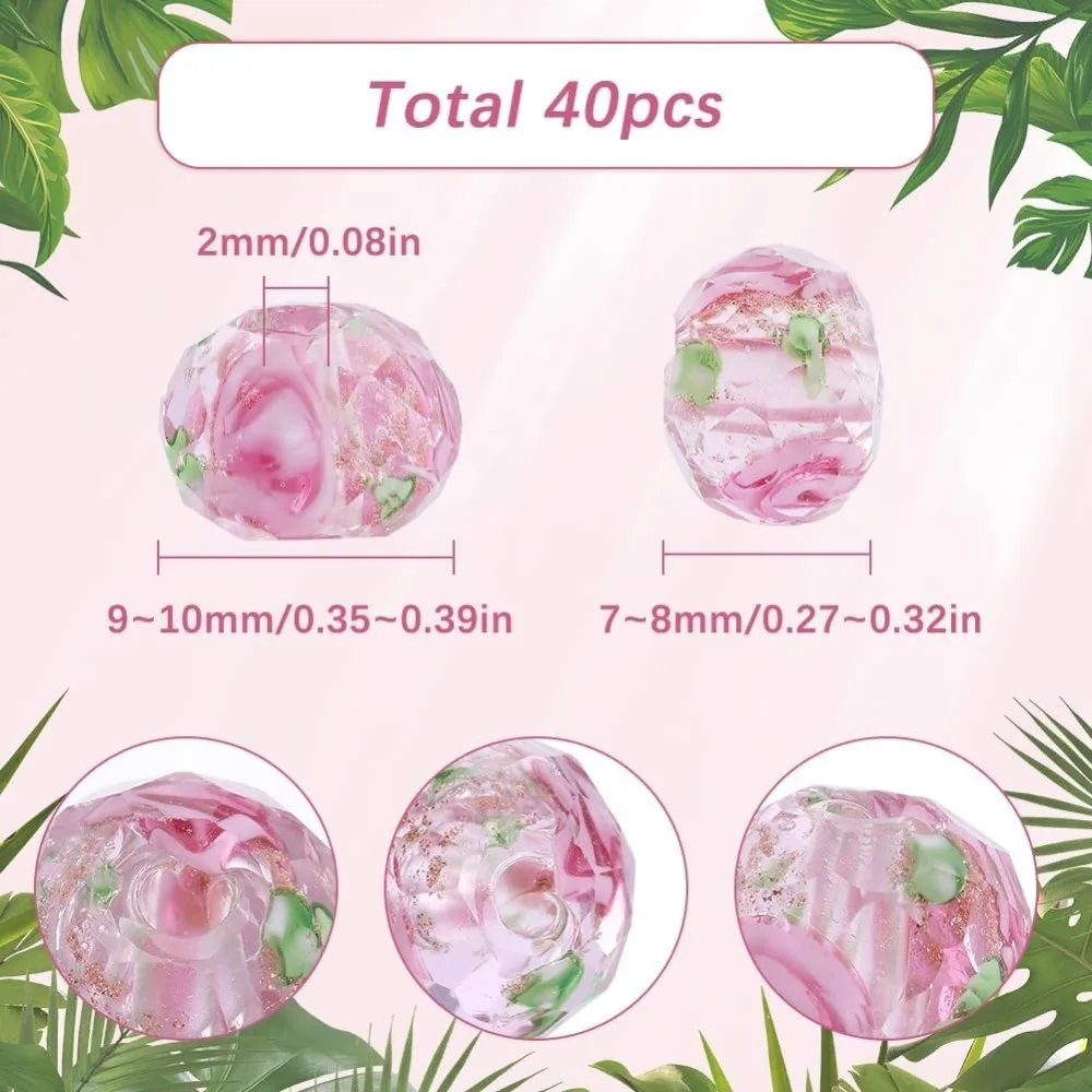 1 صندوق 40 قطعة 9 ~ 10 مللي متر الرمال Lampwork الخرز السائبة Lampwork الزجاج حبة اليدوية الوردي الوردي الأزهار فاصل مستدير Lampwork الخرز #2
