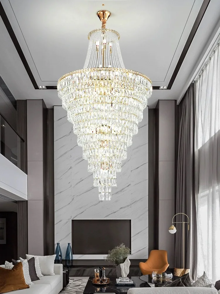 Large Ceiling Long Crystal Chandelier Hotel Lobby Living Room Luxurious Multi Story Staircase Light Golden Stainless Steel Light