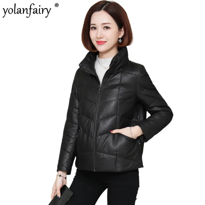 YOLANFAIRY Genuine Leather Jacket Women's Winter Down Coat Short Stand Collar Natural Sheepskin Leather Clothes Jaqueta Feminina