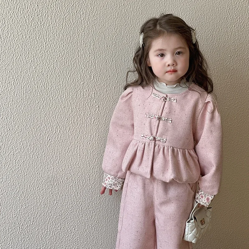 

Girls Suit Autumn Clothing 2024 New Product Fashionable Clothes Spring and Autumn Floral Lace Sweet Pink Two-piece Set