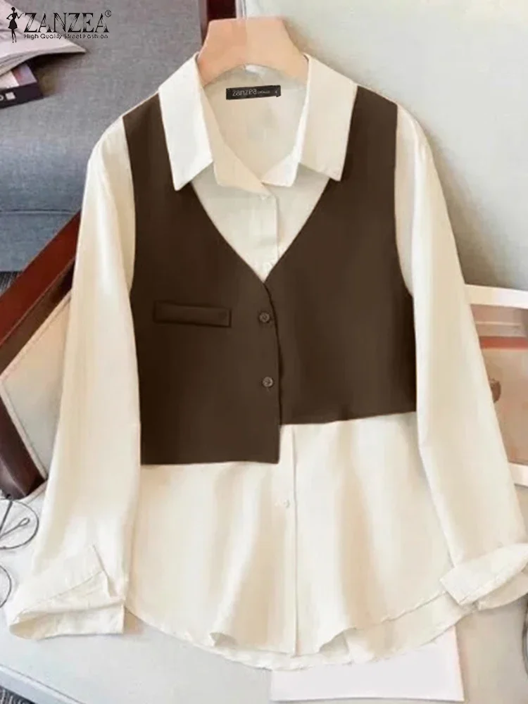 

ZANZEA Autumn Fake Two Piece Women Shirts 2025 Elegant Casual Color Patchwork Blusas Fashion Lapel Long Sleeve Open Up Blusas