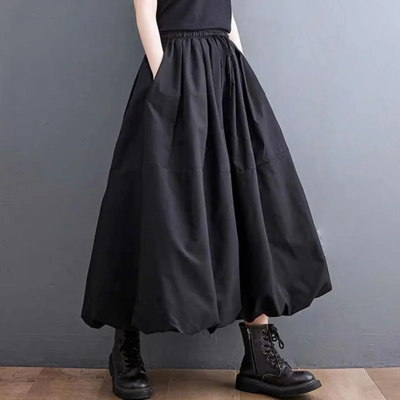 L-4XL Women\'s Black Long Tutu Skirt With Pockets Fashion High Waist A-Line Maxi Skirts Womens Loose Casual Pleated Skirt C419