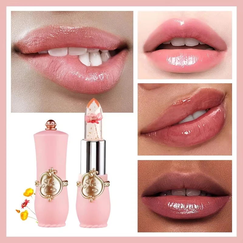 Bálsamo labial que cambia de Color con temperatura de gelatina, lápiz labial de gelatina con flor de cristal, hidratante, resistente al agua, maquillaje nutritivo de larga duración para labios