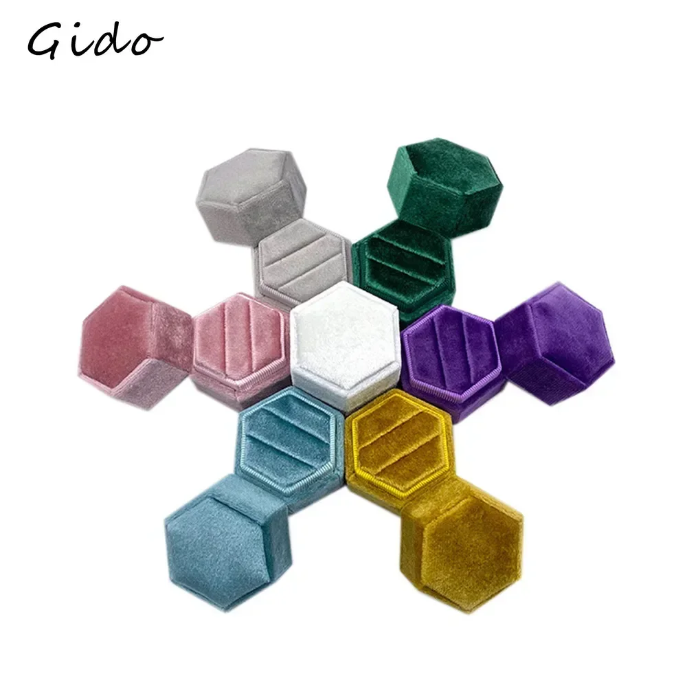 Hexagon Velvet Ring Box Double Ring Display Holder Detachable Lid Ring Box Holder for Wedding Ceremony Organizador De Joyas