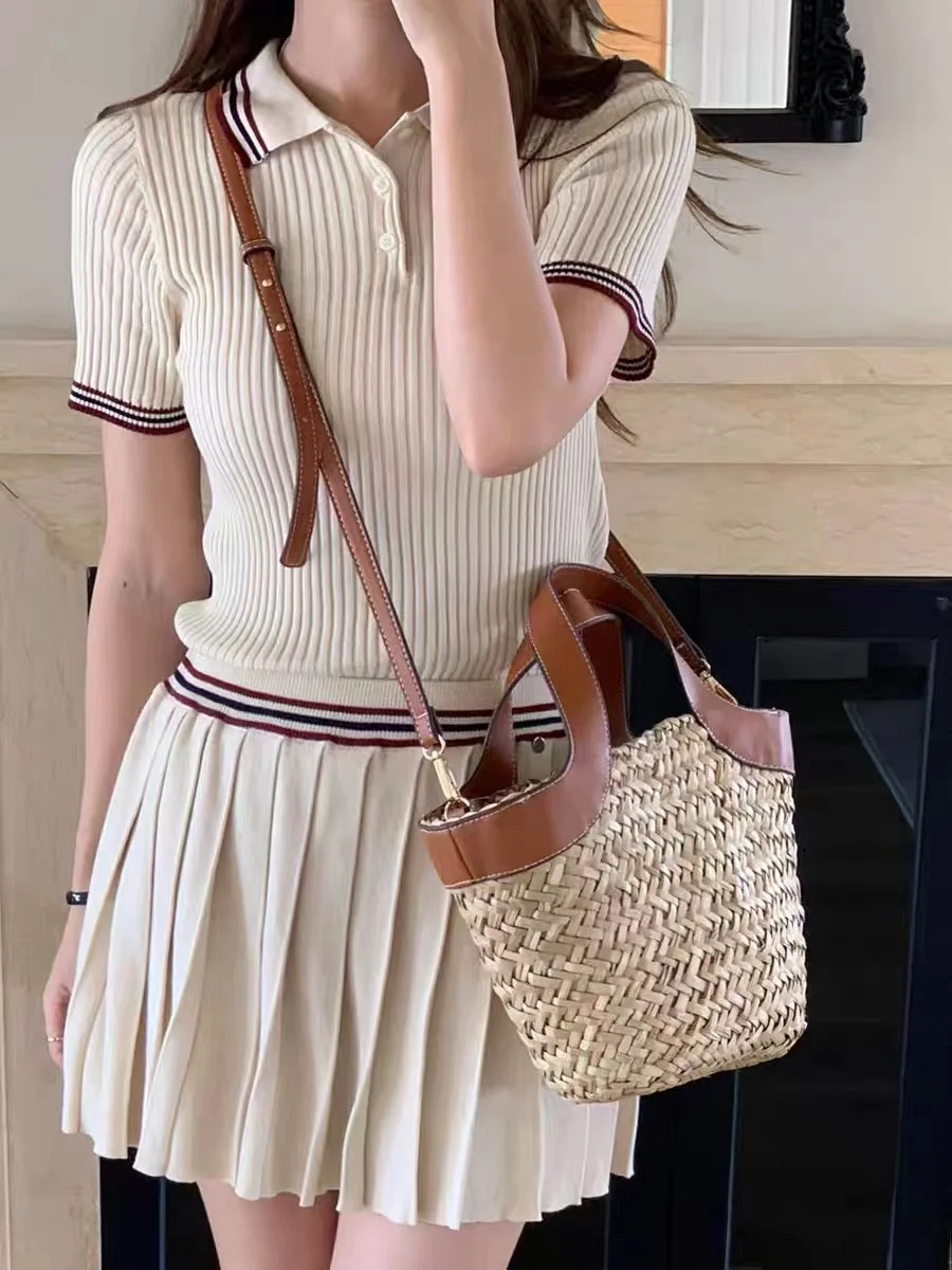 Summer Straw Woven Handmade Bucket Bag Women Handbag Lady Purse Female Fashion Shoulder Messenger Bag Holiday Vacation Beach Bag