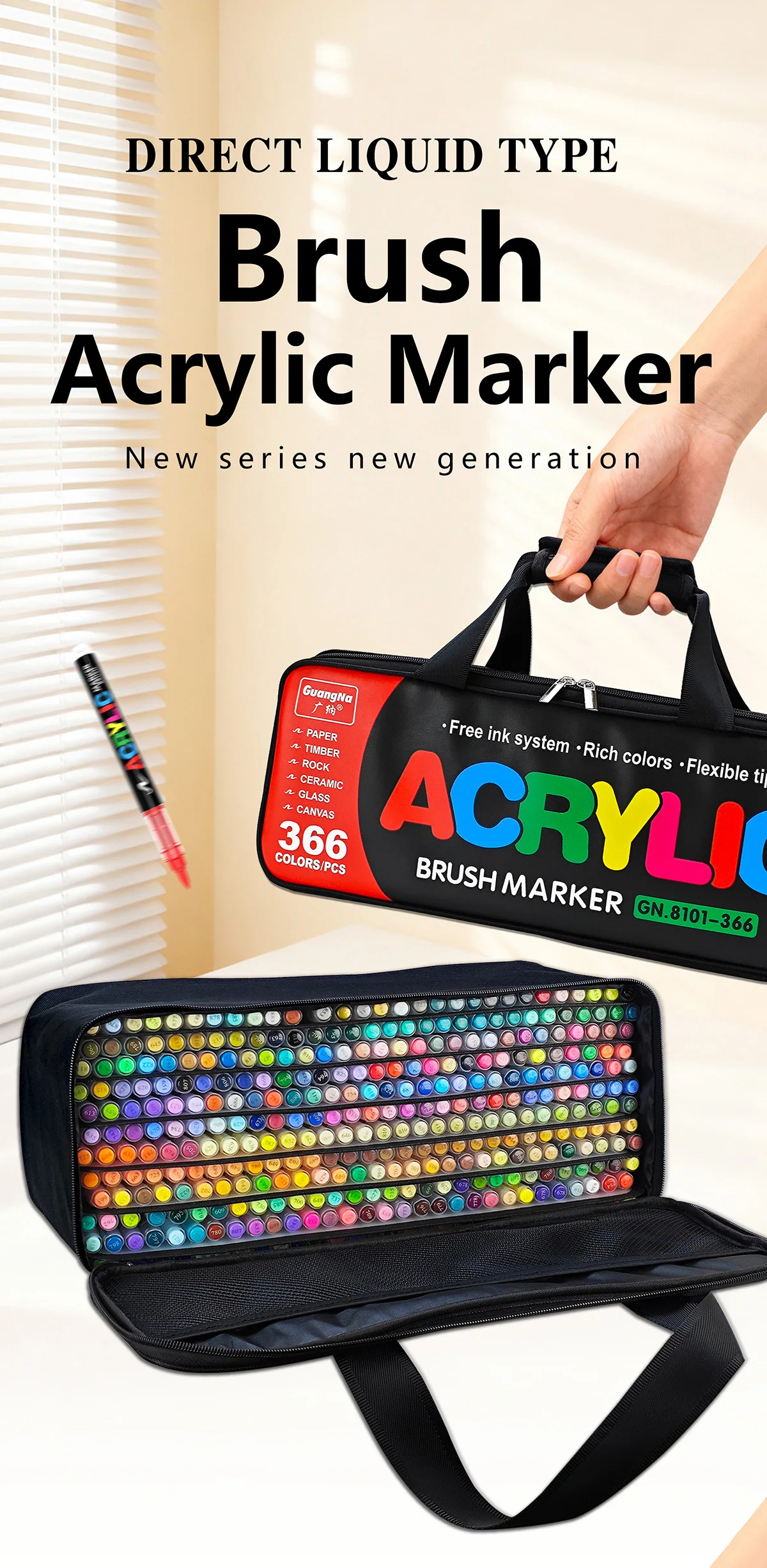 Guangna 366 Color Acrylic Marker Set with Handheld Storage Bag | Professional Paint Pens for Artists, Canvas, Rock Painting