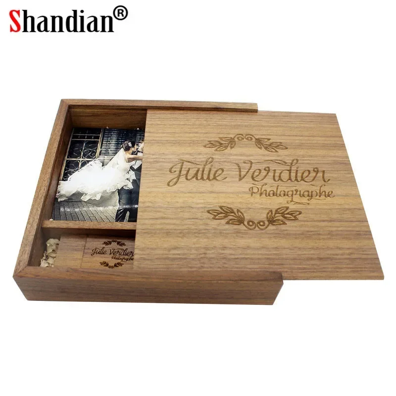 SHANDIAN free custom logo Walnut Wood Photo Album guitar usb+Box USB 2.0 Memory card Pendrive 16GB 32GB Photography Wedding gift